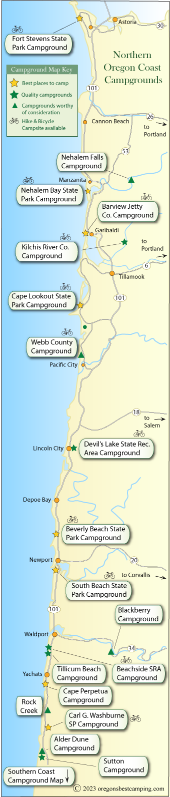 Map Of The Oregon Coast Oregon Coast Campground Map - Northern Half