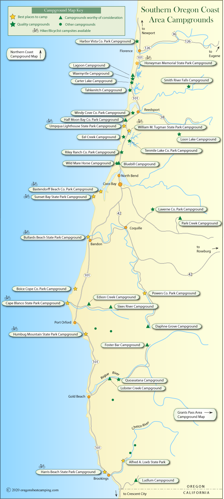 map of campgrounds along the southern half of the Oregon coast