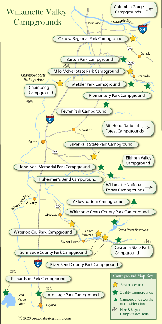 map of campgrounds along the northern half of the Oregon coast
