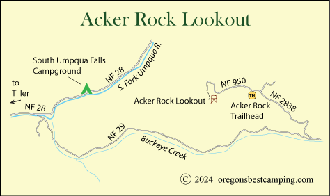 Acker Rock Lookout  map, Umpqua National Forest, Oregon