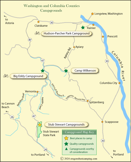 map of campgrounds in Columbia County and eastern Washington County, Oregon