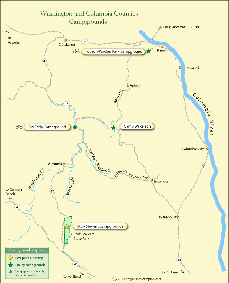 map of campgrounds in Columbia County and eastern Washington County, Oregon